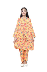 Plum Fine Lawn Dark Yellow Colour Printed Coral Blue Blossoms On 2 pc suit For Girls.